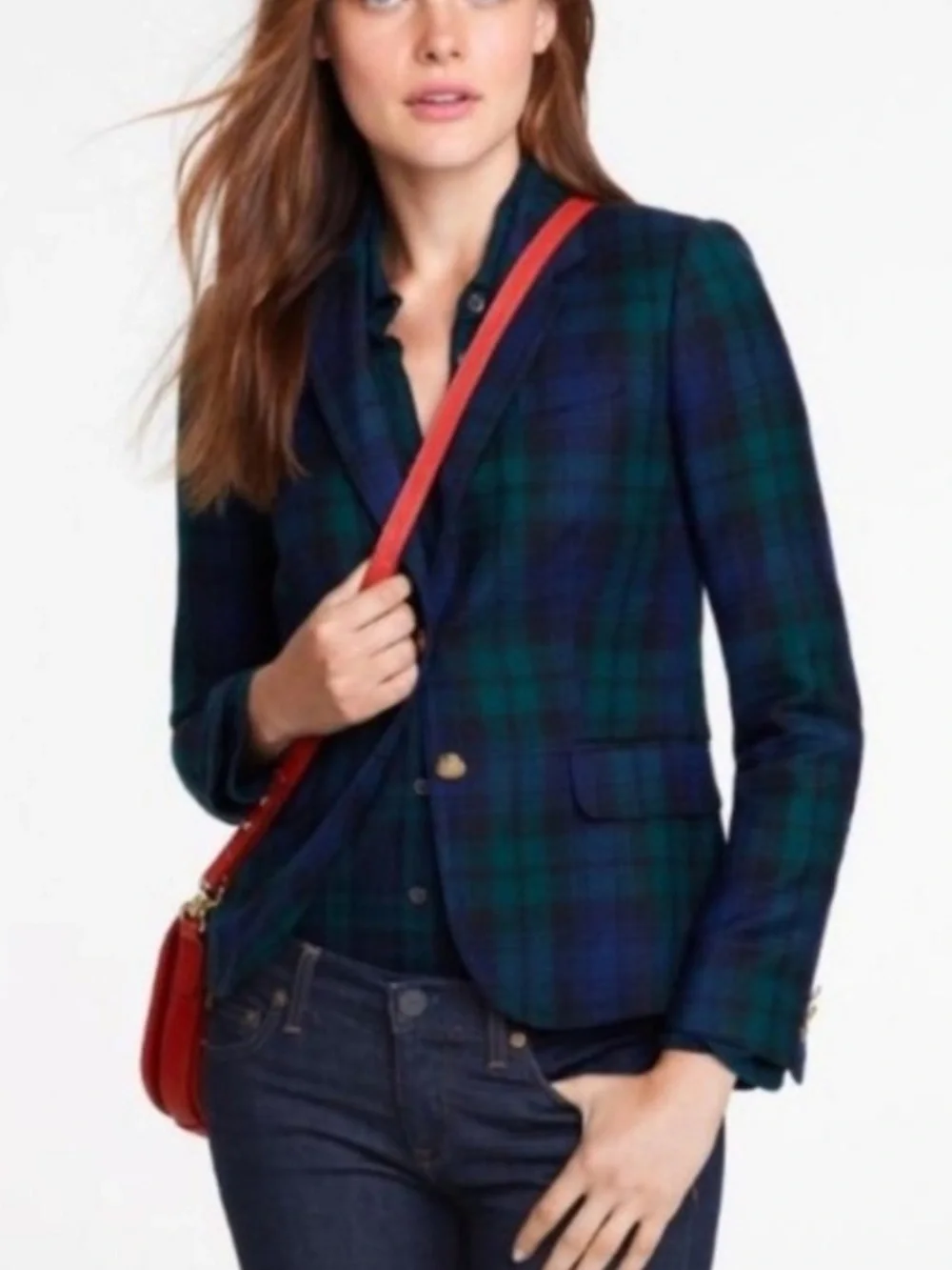 J. Crew Factory Black Watch Plaid Blazer Green Blue Gold Two Buttons Size 10